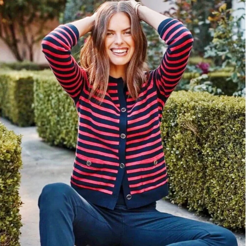 J. Jill Wearever Collection Red/Navy Striped Cardigan, Gold Buttons, Med Tall